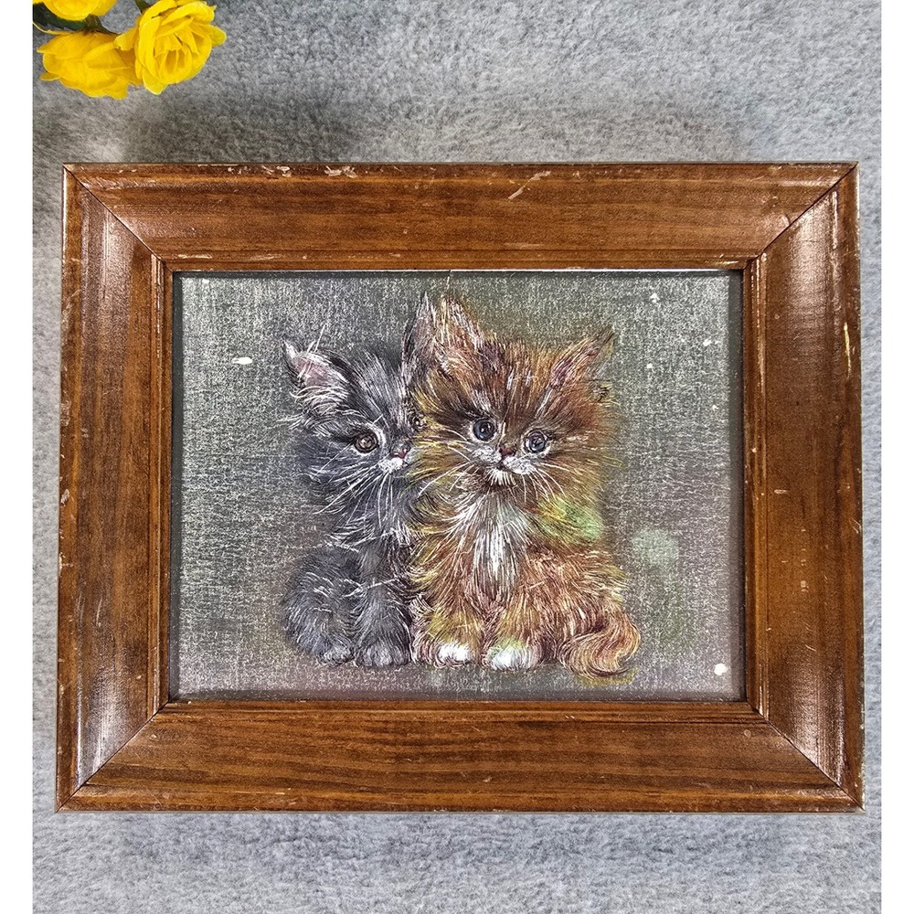 Vintage 80s Engraved Foil Kitten Cat Art Framed 8x10 South Dakota Cottagecore